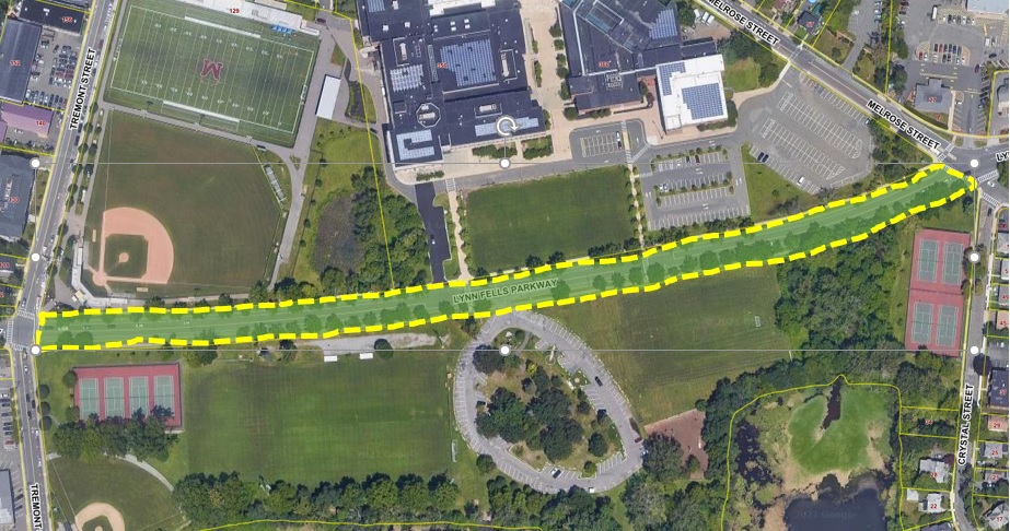 A map of Lynn Fells Parkway cutting through Ell Pond Park