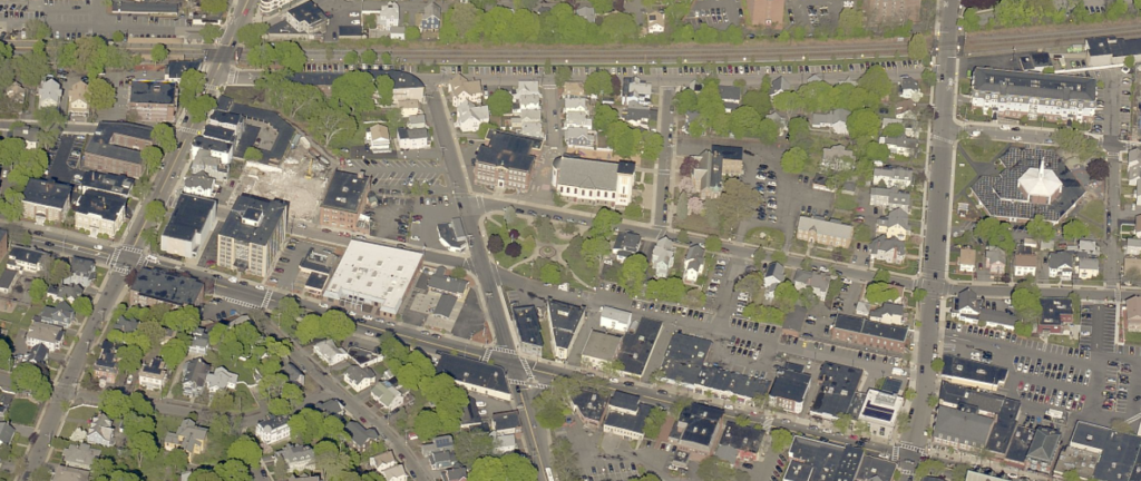 An overhead shot of the Wyoming Hill Neighborhood and a portion of Melrose's downtown