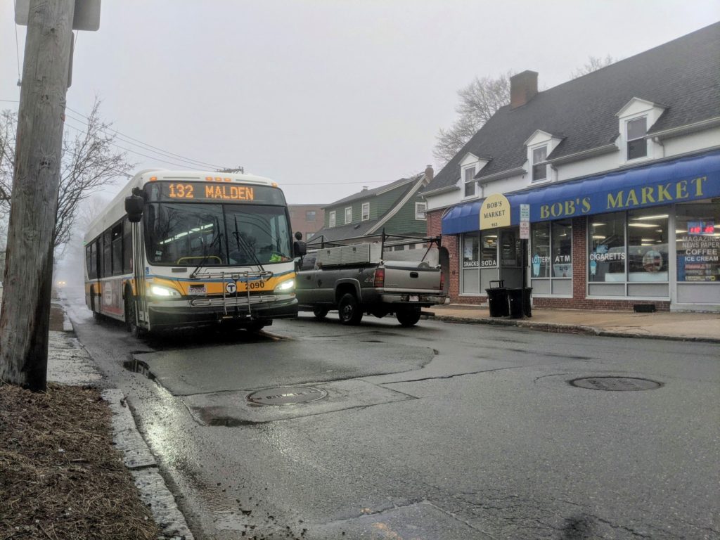 The MBTA 132 bus driving down West Wyoming Ave in Melrose