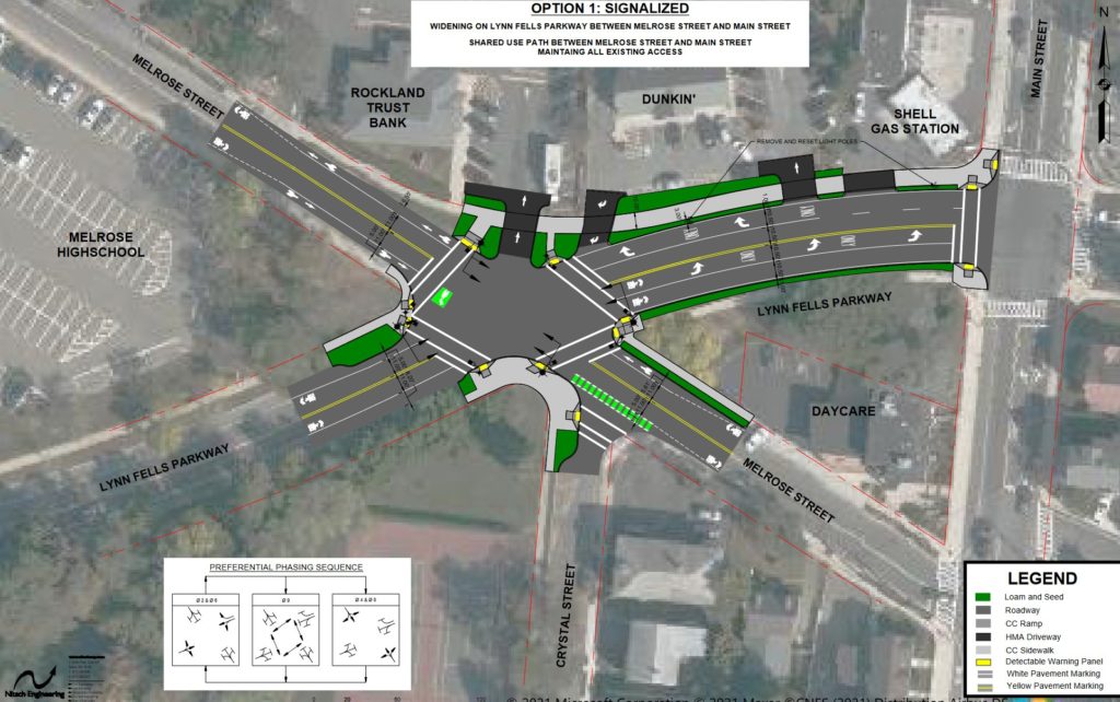 DCR's "Preferred Design" for the Intersection of Lynn Fells and Crystal Street, showing a new traffic light but no other changes.