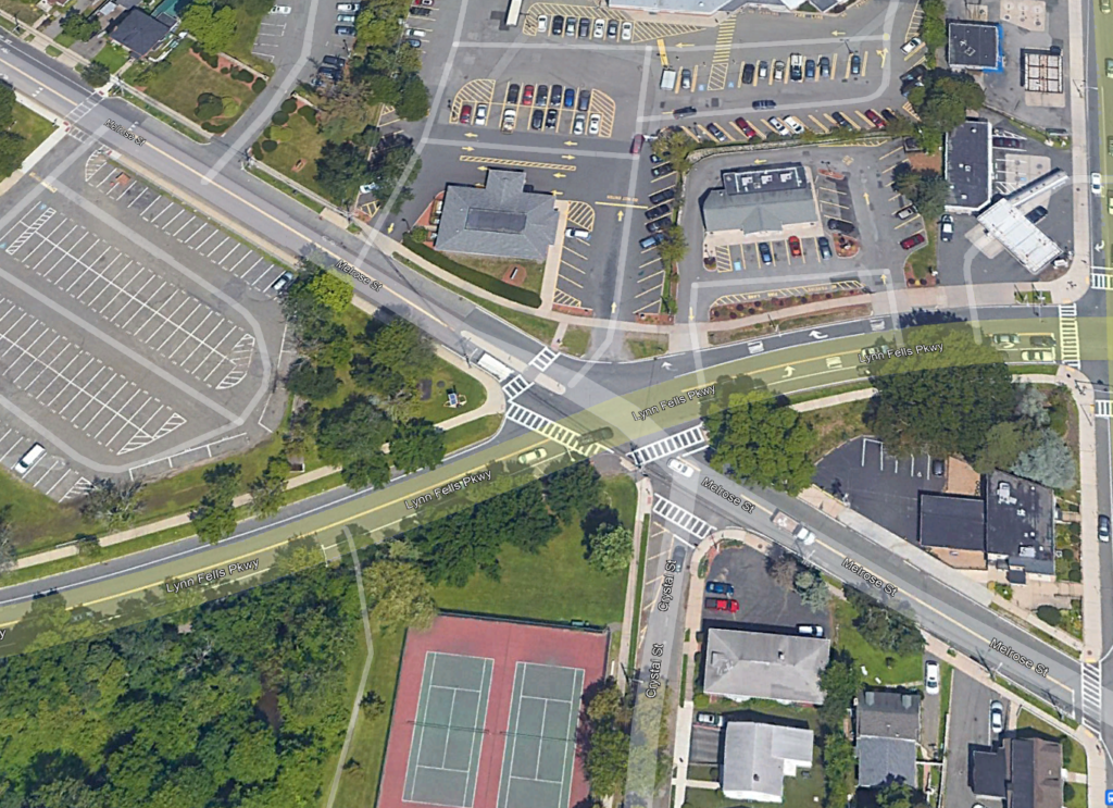 A satellite view of the intersection of Lynn Fells Parkway, Melrose Street, and Crystal Street in Melrose, MA