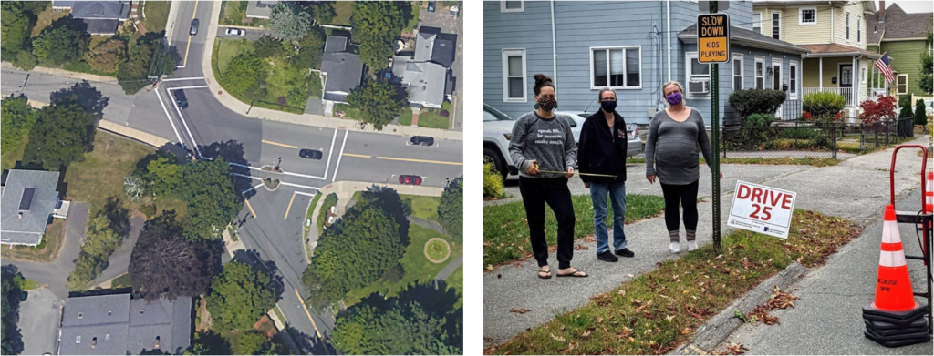 A graphic showing the intersection of Vinton & West Emerson (left), and a group of residents with "slow streets" materials on Lynde Stree (right).